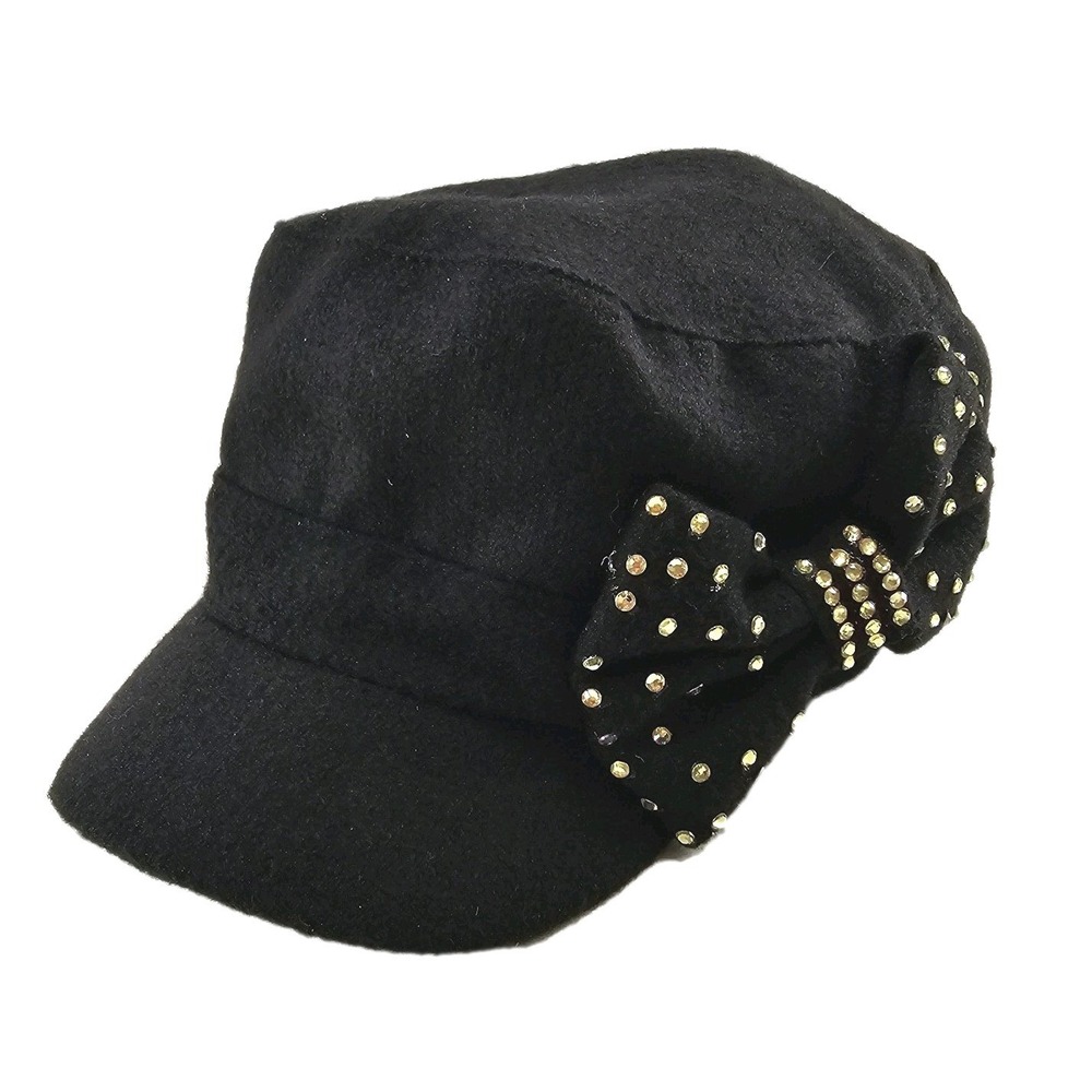 Cute D&Y Black Military Style Cap Bow Rhinestone Embellished One Size